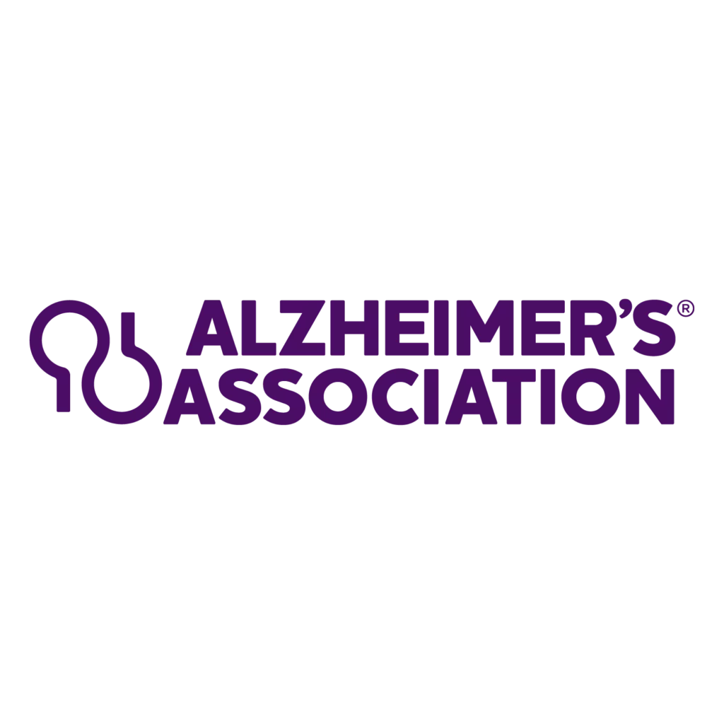 Logotipo de la Alzheimers Association en morado. Un diseño circular en morado a la izquierda del texto en morado que dice “Alzheimers Association”.