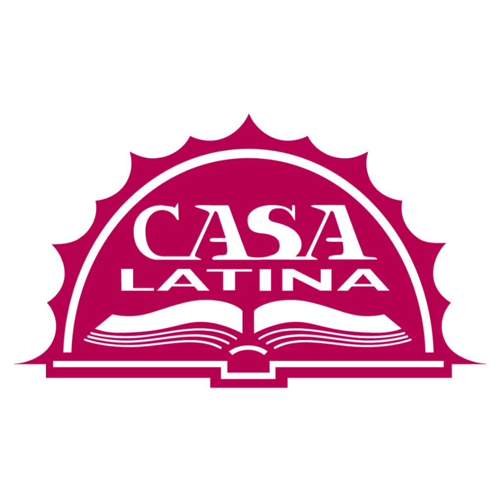 Casa Latina logo. White text reads "Casa Latina" on a dark red background shaped like a sun.