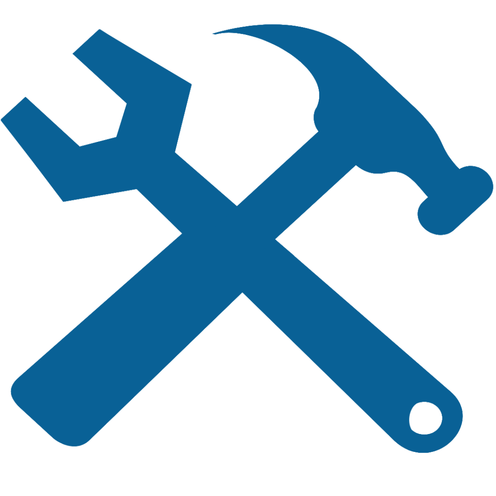Blue icon of a wrench and hammer crossed in an X shape