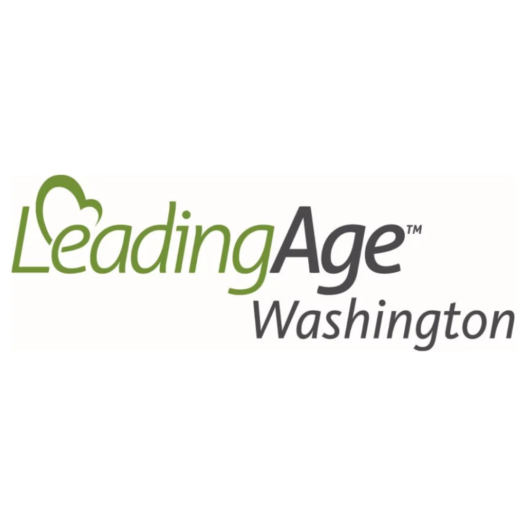 Logotipo de Leading Age Washington. Hay un corazón verde alrededor de la “e” de Leading.