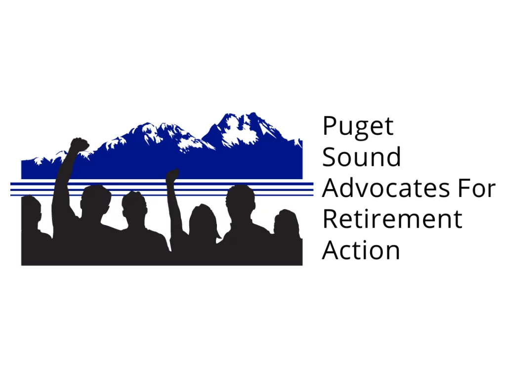 Logotipo de Puget Sound Advocates for Retirement Action. Una imagen de montañas de color azul oscuro con nieve en la cima y las siluetas de seis personas mirándolas. Dos de las personas tienen el puño levantado. A la derecha hay un texto de color gris que dice “Puget Sound Advocates for Retirement Action”.