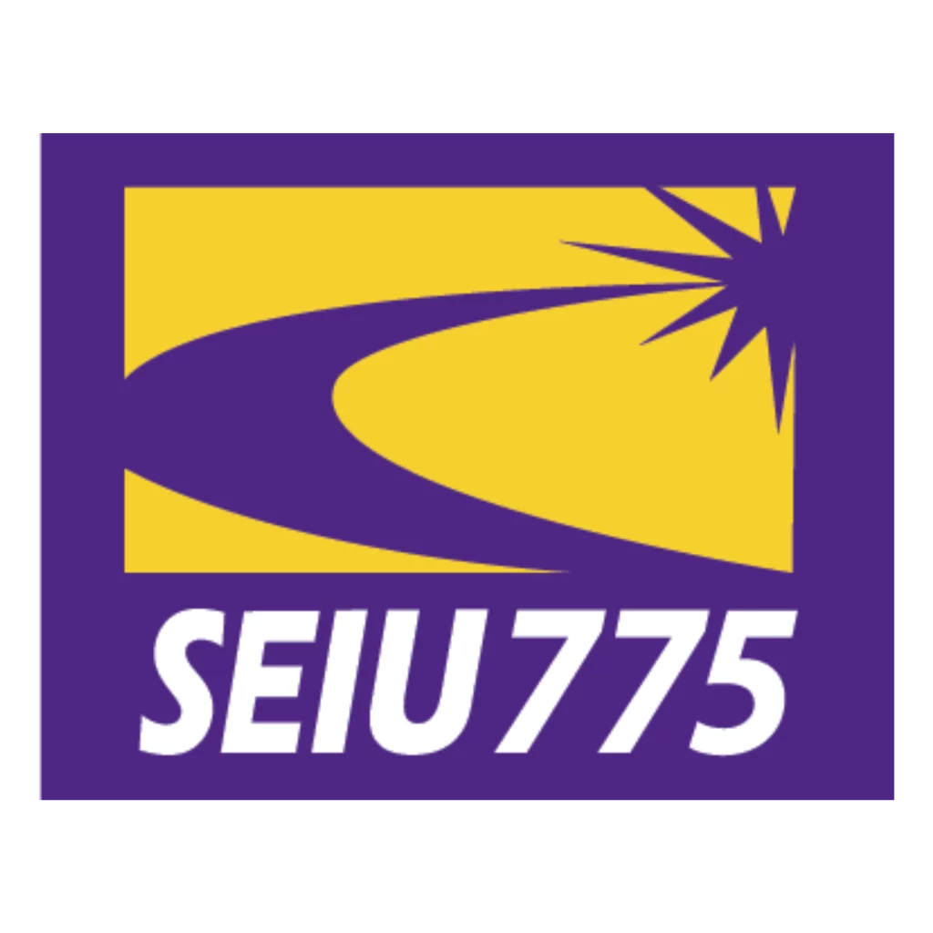 Logotipo de SEIU 775. SEIU 775 aparece en letras blancas sobre un fondo morado bajo un diseño amarillo de SEIU.