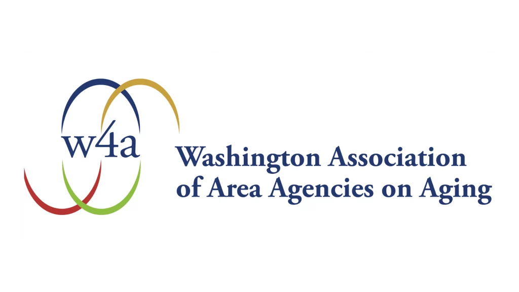 Logotipo de la Washington Association of Area Agencies on Aging. A la izquierda hay un texto que dice “w4a” rodeado de cuatro arcos: un arco morado y amarillo boca abajo, y un arco rojo y verde boca arriba. A la derecha hay un texto que dice “Washington Association of Area Agencies on Aging”