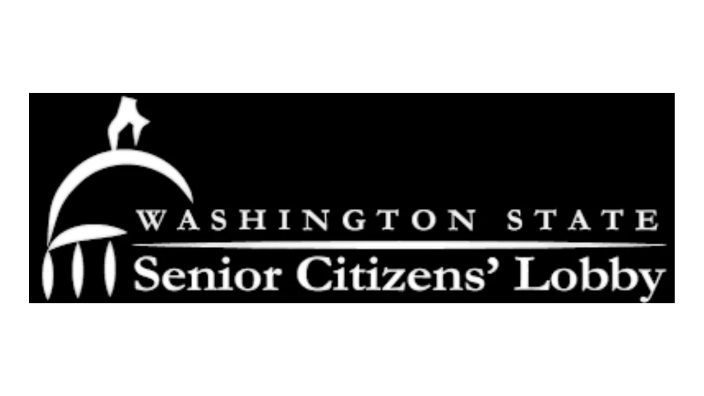 Logotipo del Washington State Senior Citizens' Lobby. Un rectángulo de color negro con un dibujo blanco del Capitolio de Washington a la izquierda. A la derecha hay un texto blanco que dice “WASHINGTON STATE Senior Citizens' Lobby”.